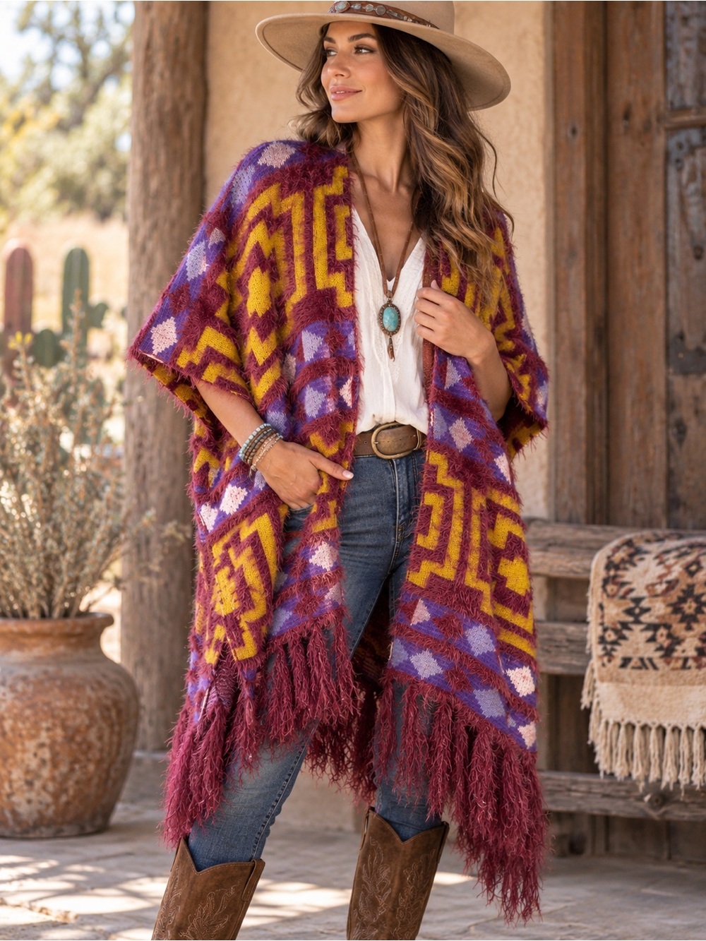 Free People Southwestern Fringe Kimono Poncho Cardigan Purple Gold Crosses